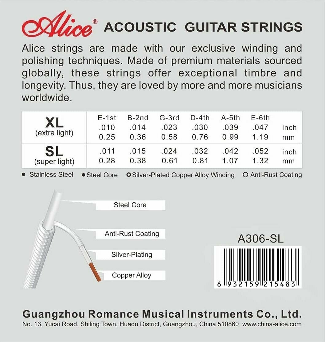A306P-SL Комплект струн для акустической гитары, цветной наконечник, посеребренная медь 11 Alice