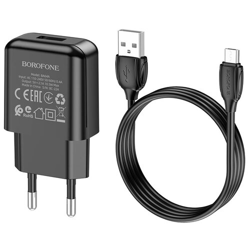 Сетевое зарядное устройство Borofone BA64A + кабель Micro-USB, Global, черный