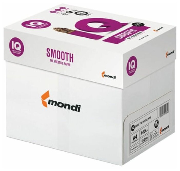 Бумага IQ "Smooth", А4, 160г/м2, 250л., 170%, упаковка 5 шт.