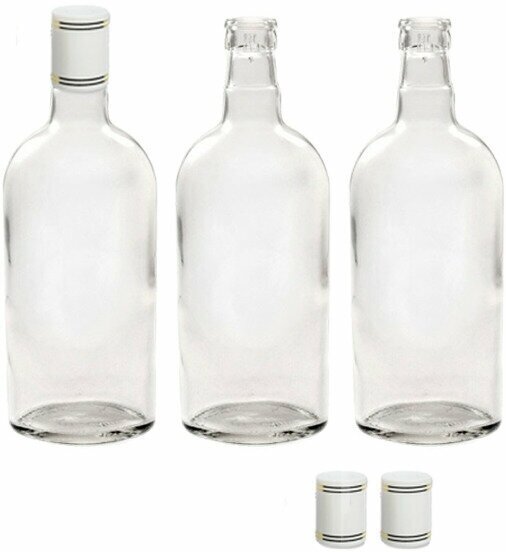 Бутылка гуала "фляжка", 0,5 л + Пробка-колпачок "Гуала", полимерная, белая с золотыми кольцами, Н58 мм - 3 шт.