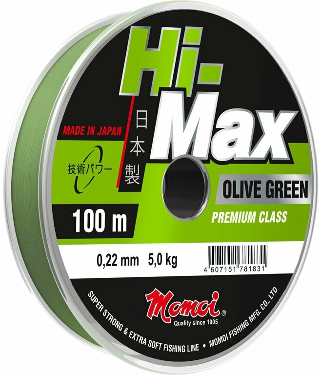 Монофильная леска для рыбалки Momoi Hi-Max Olive Green 0,45 мм, 18,0 кг, 100 м, оливковая, 1 штука