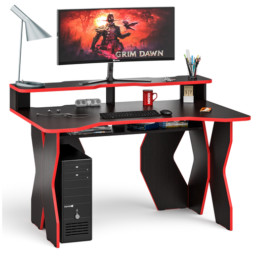 фото Игровой компьютерный стол краб-5 с надстройкой цвет венге/кромка красная бит и байт