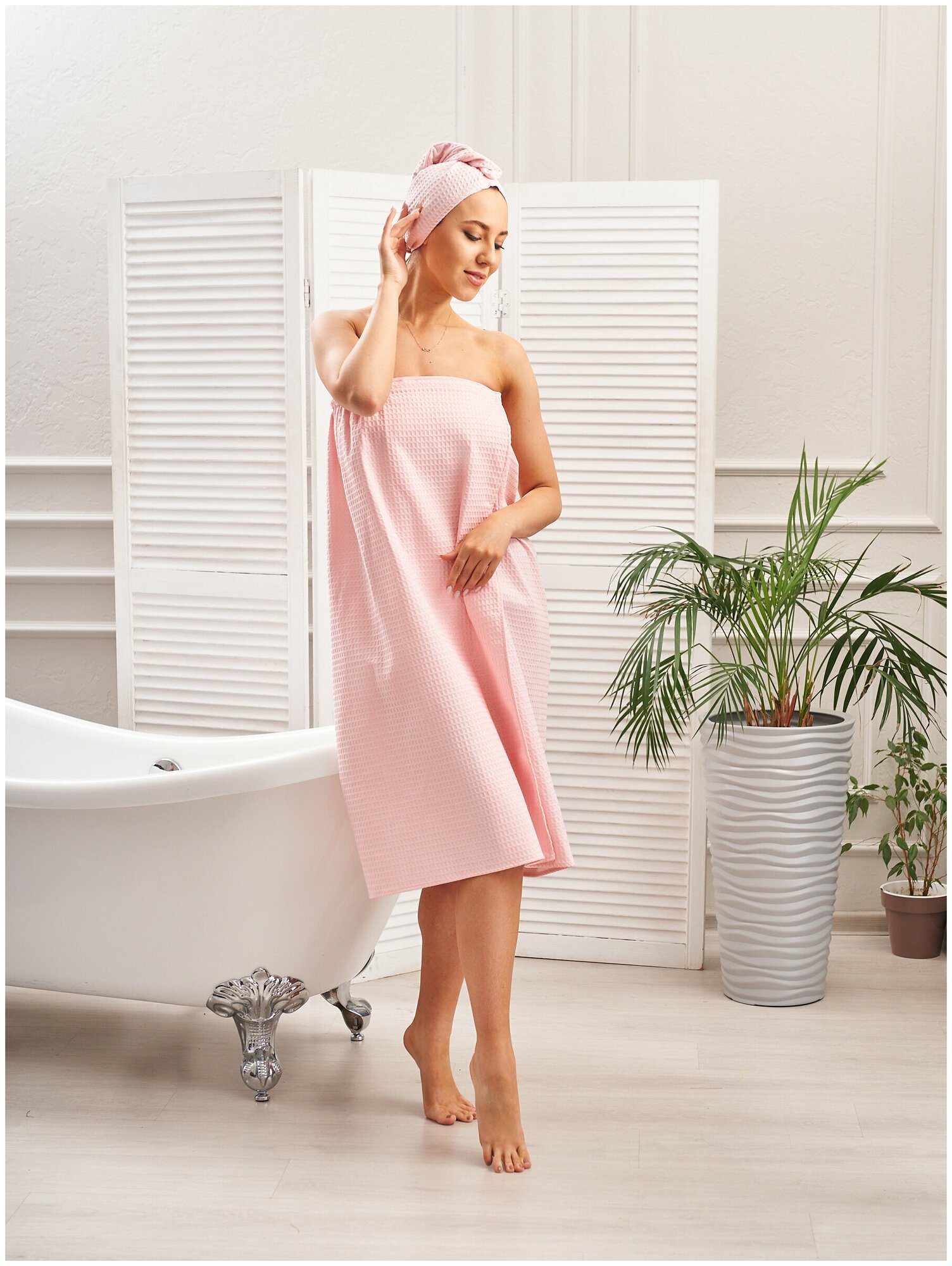 Набор для бани и сауны килт женский банный 90х150 и чалма на липучке светло-розовый AVICTORY - фотография № 6