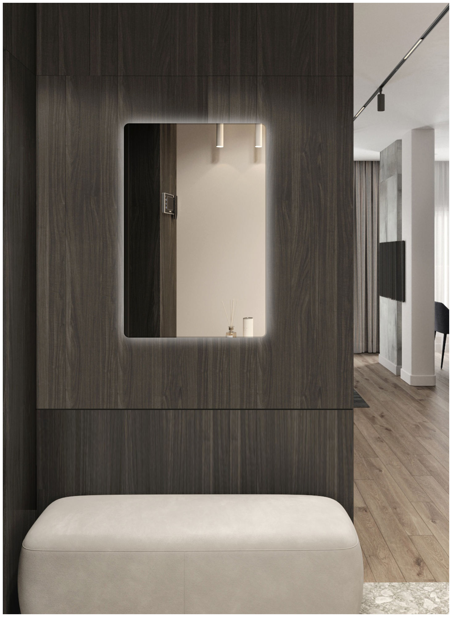 Зеркало для ванной Prisma 80*40 прямоугольное вертикальное "парящее" с нейтральной LED-подсветкой - фотография № 3