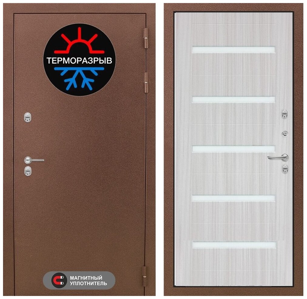 Входная железная дверь для дома TERMOMAGNIT с терморазрывом с внутренней панелью 01 сандал белый стекло белое, размер по коробке 960х2050, правая