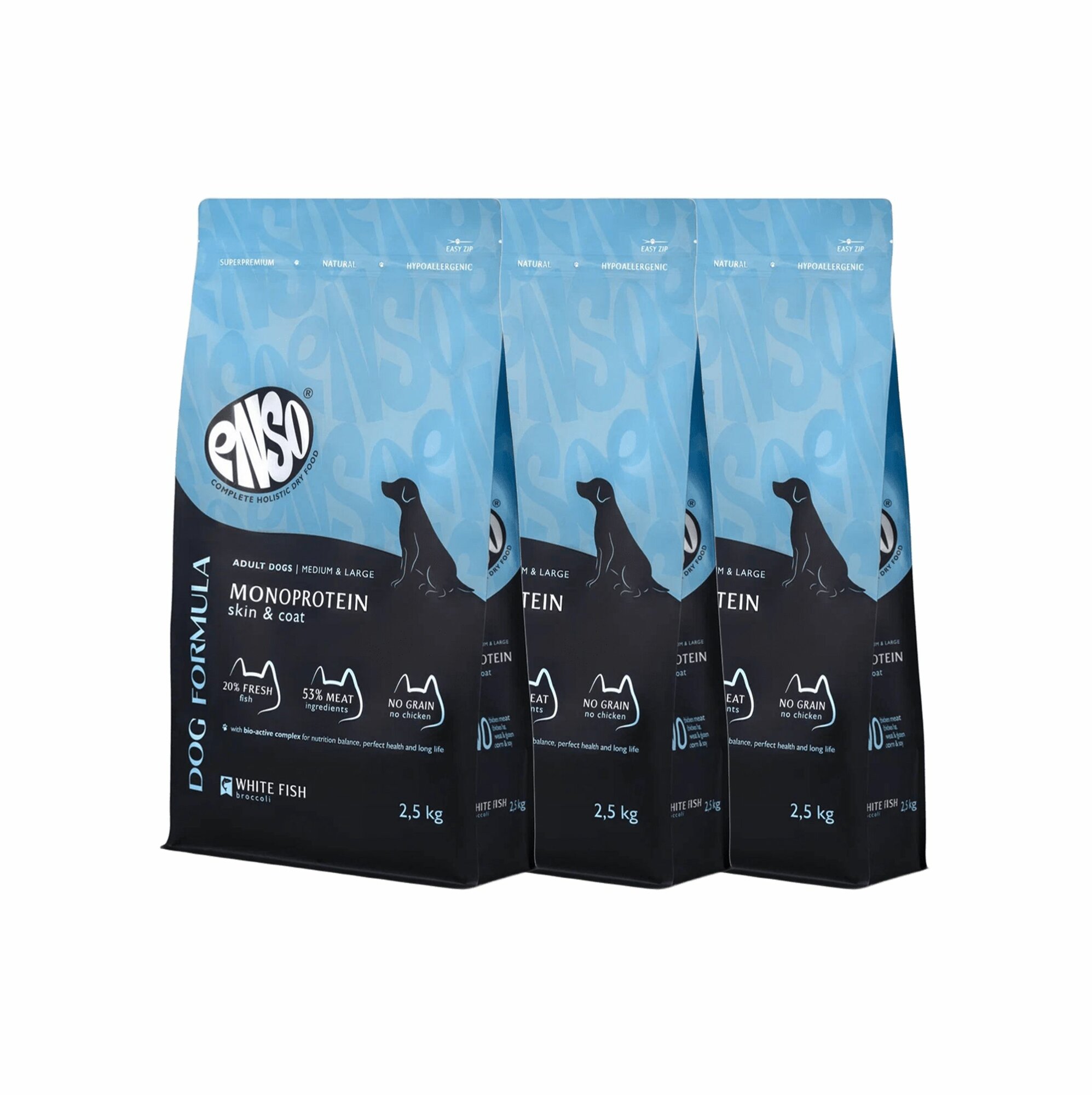ENSO Dog formula Monoprotein сухой полнорационный корм для взрослых собак средних и крупных пород со свежей белой рыбой с добавлением брокколи 2,5 кг x 3 шт.