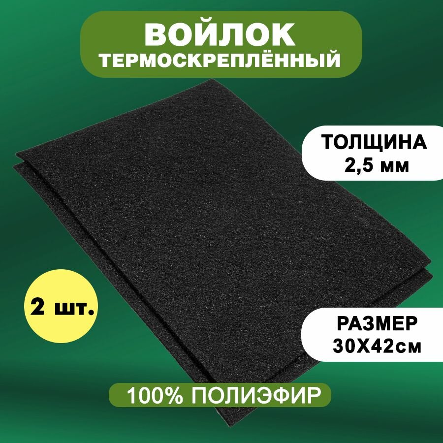 Войлок / Фетр термоскрепленный 2,5 мм / 300 х 420 мм, черный 2 шт.