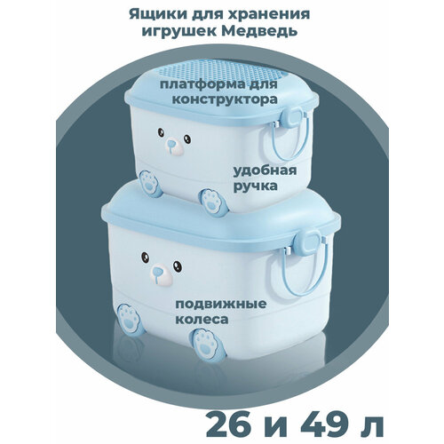 Ящики корзины контейнеры для хранения игрушек Медведь 26 и 49 литров 2 в 1 голубые