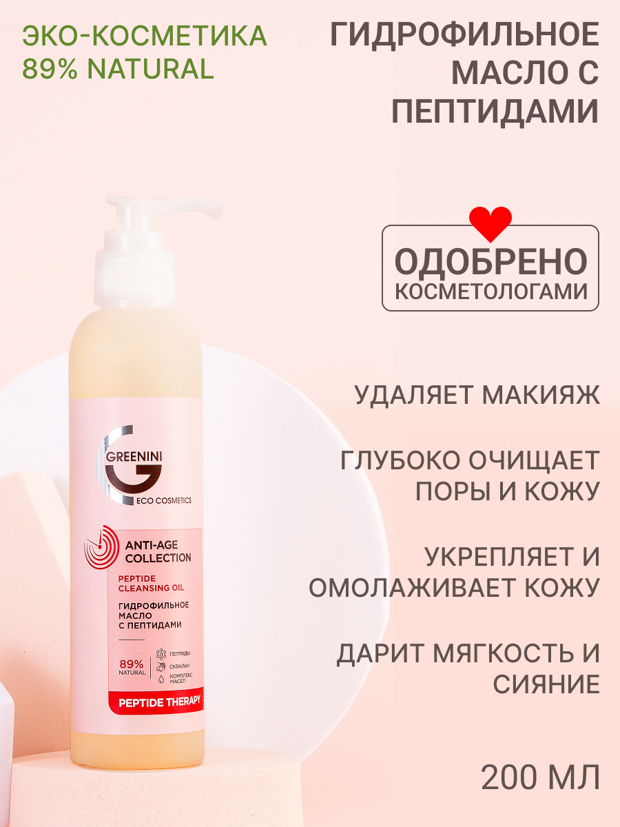 Greenini Гидрофильное масло для лица с пептидами для глубокого очищения и омоложения зрелой кожи ANTI-AGE 200 мл