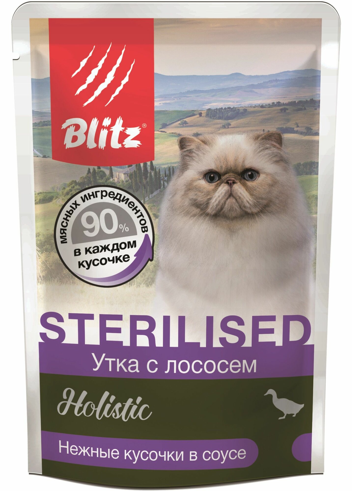 Blitz Holistic Sterilised пауч для стерилизованных кошек и кастрированных котов, со вкусом Утка и лосось 85 г, 12 шт