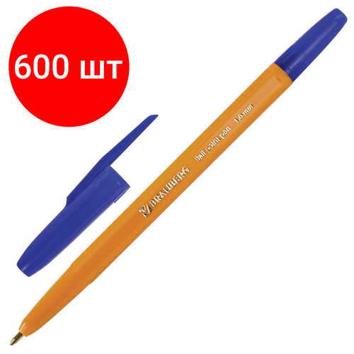 Комплект 600 шт, Ручка шариковая BRAUBERG Carina Orange, синяя, корпус оранжевый, узел 1 мм, линия письма 0.5 мм, 141668
