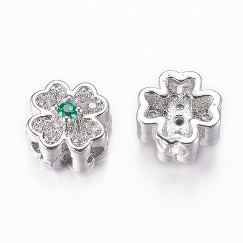 Бусина металлическая, 8х8х5.5мм, Milano, плоская, Клевер, с фианитами, базовый материал - латунь, под родий