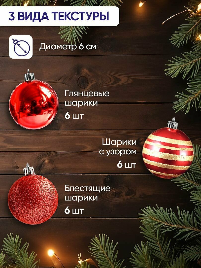 Елочные игрушки набор Magic Craft подвесные шары, набор из 18 шт, новогодние украшения, не бьются и не осыпаются, красный — фото 1