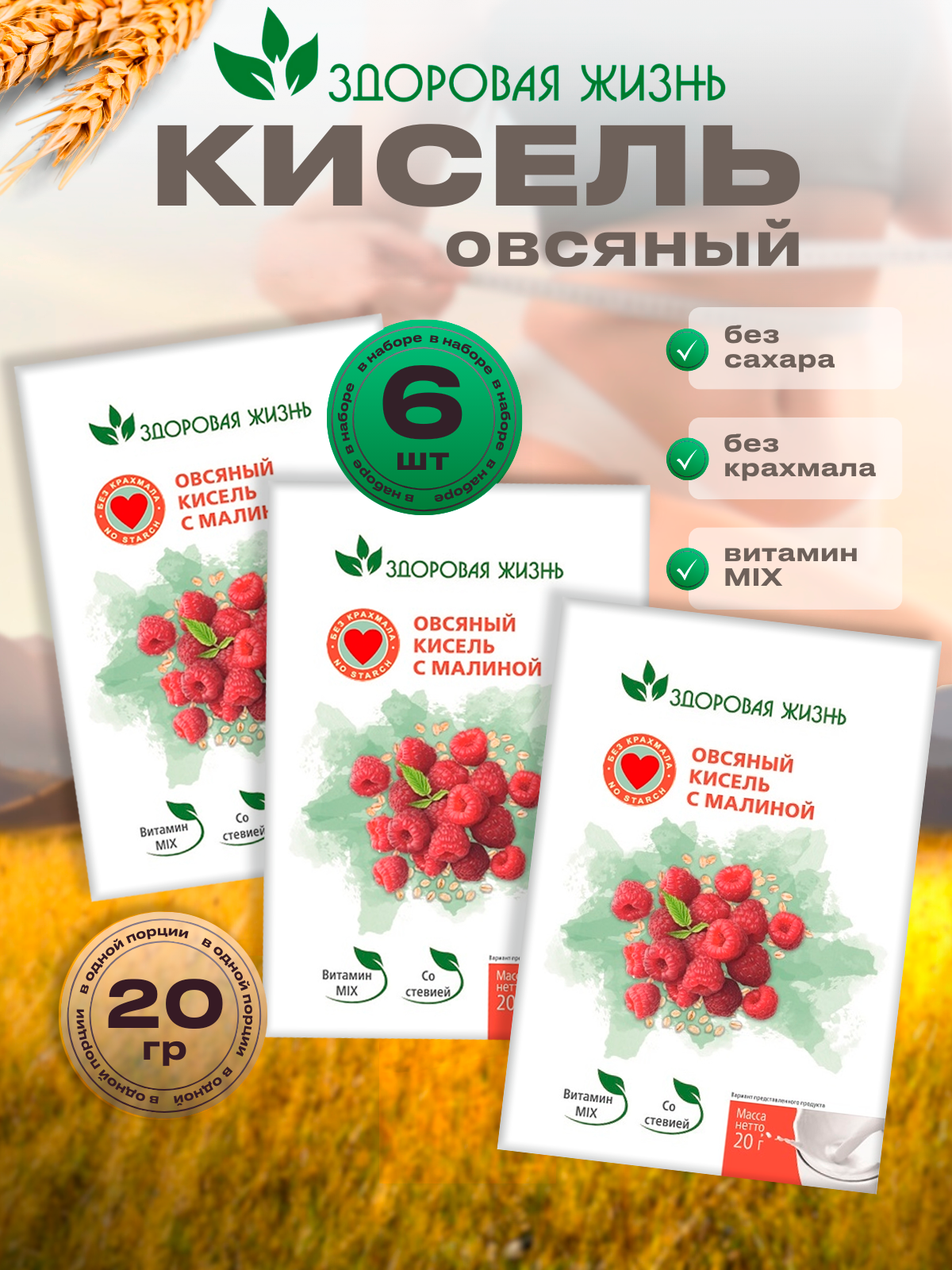 Кисель овсяный с малиной быстрого приготовления в пакетиках. 6 пакетиков по 20гр.