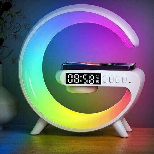 фото Стильный rgb ночник с беспроводной зарядкой и bluetooth колонкой белый