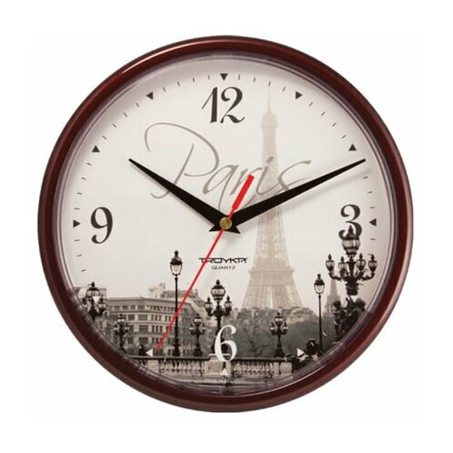 фото Часы настенные troyka 91931927, круг, с рисунком "paris", коричневая рамка, 23х23х4 см 452290 тройка