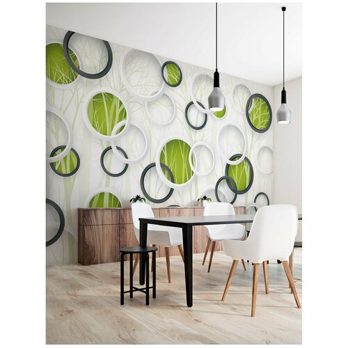 Фотообои Природа 3D белые и черные круги на бело-зеленом фоне деревьев/ эффект 3d флизелиновые вертикальные на стену в комнату, кухню, зал, спальню, гостиную, детскую/ 400х270