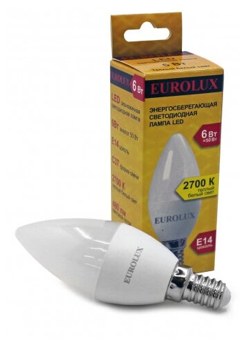 Лампа светодиодная LL-E-C37-6W-230-2,7K-E14 (свеча, 6Вт, тепл, Е14) Eurolux