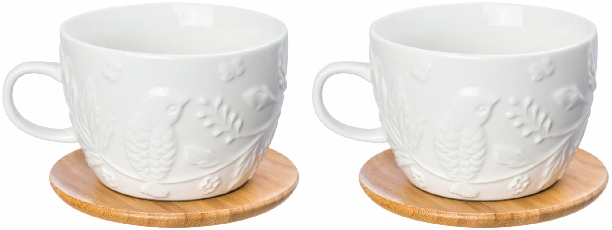 Чашка / кружка для капучино и кофе латте 500 мл 14х11,2х8 см Elan Gallery Птички на ветке на деревянной подставке, 2 штуки