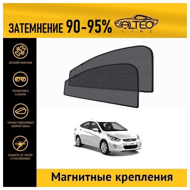 Каркасные автошторки ALTEO PREMIUM на Hyundai Solaris 1 (2010-2014) седан на передние двери на магнитах с затемнением 90-95%