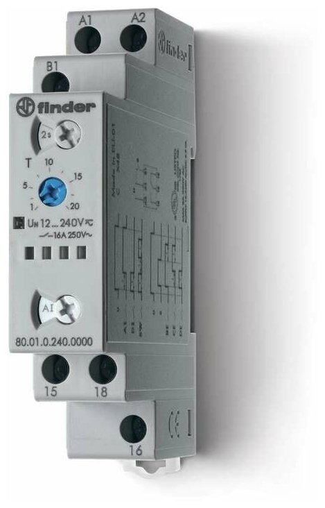 Таймер модульный мультифункциональный (AI DI SW BE CE DE) 12…240В АС/DC 1CO 16А 17.5мм регулировка времени 0.1с…24ч IP20 FINDER 800102400000 1шт