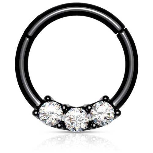 Сегментное кольцо из стали серьга для пирсинга септума, уха, брови, губы, носа с тремя кристаллами/ 1,2*8 мм RH86-1608-KC