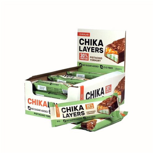 Bombbar, Chikalab – Chika Layers, упаковка 20шт по 60г (Фисташковый йогурт) bombbar chikalab – chika layers 15шт по 60г лесной орех с карамелью