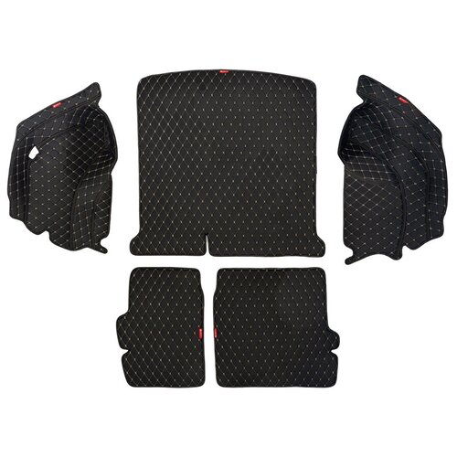 Кожаный 3D коврик в багажник Kia Rio IV седан (2017+) Полный комплект (с боковинами) Черный с бежевой строчкой / 3Д ковры в автомобиль