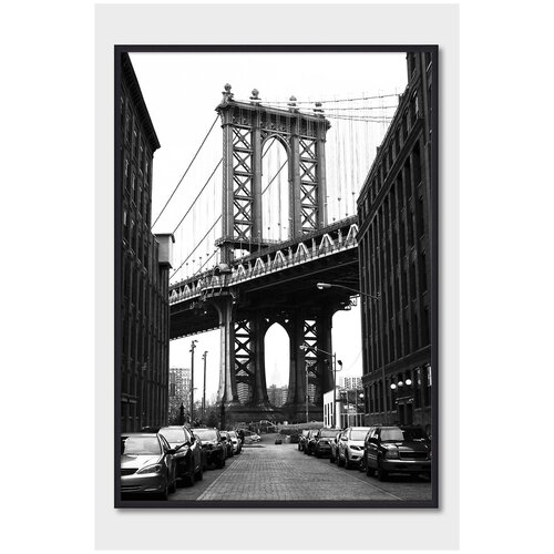 Черно-белый постер на стену для интерьера Postermarkt Бруклинский мост в Нью-Йорке, постер в черной рамке 30х40 см, постеры картины для интерьера в черной рамке