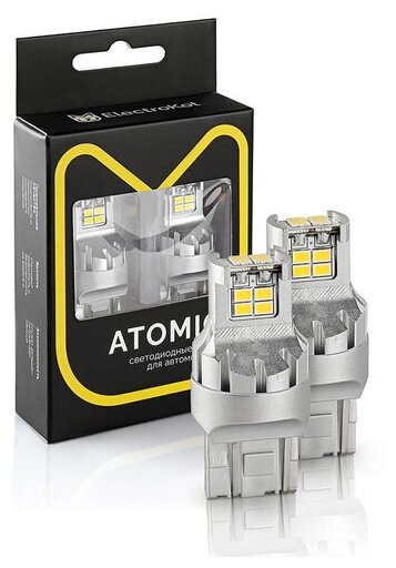 Светодиодная LED лампа Atomic 12 SMD3020 W21/5W 7443 бесполярная + SRCK белая 2 шт