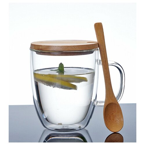 Чашка из двойного стекла с ложкой и крышкой, кружка 350 мл