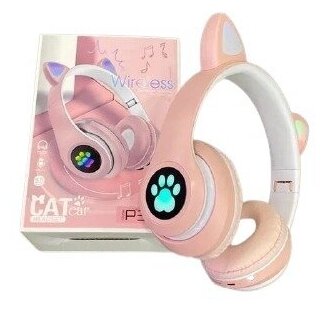 Беспроводные наушники Cat Ear P33M, розовые. Наушники беспроводные с ушками кошки. Светящиеся наушники для детей