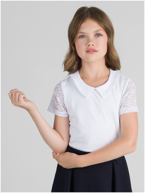 Школьная блуза Sherysheff, полуприлегающий силуэт, на пуговицах, короткий рукав, трикотажная, размер 134, белый