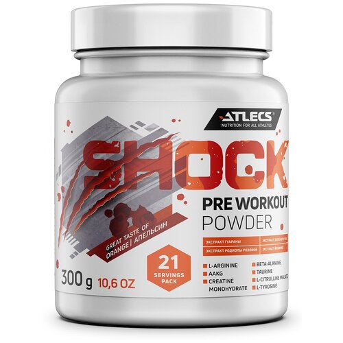 Atlecs Shock PRE Workout предтренировочный комплекс (пампинг, таурин, бета-аланин, аргинин) апельсин, 300 гр, 21 порций atlecs shock pre workout 300 g ананас