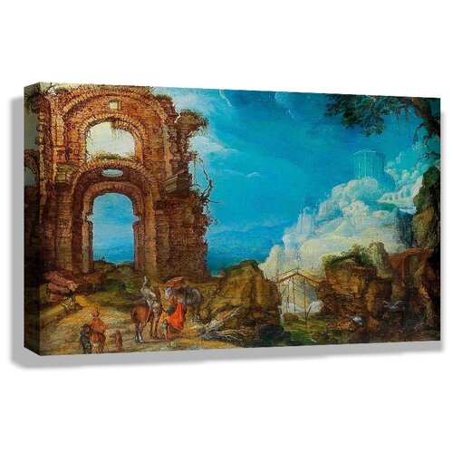 Картина 60x40 см на холсте Маттеус Моланус - Пейзаж с римскими руинами и храмом на холме