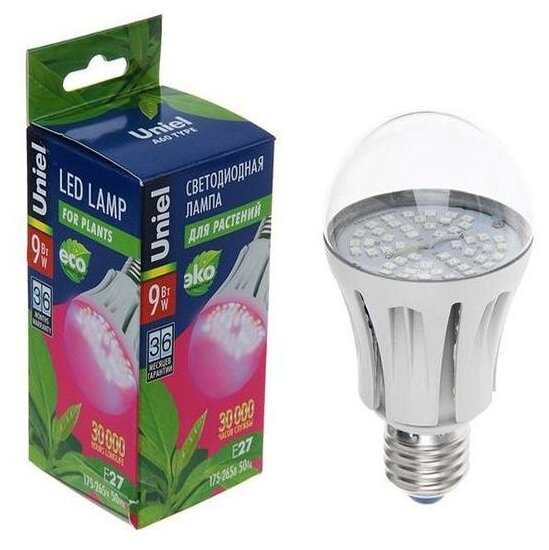 Лампа Uniel светодиодная для растений A60 E27 9W IP20