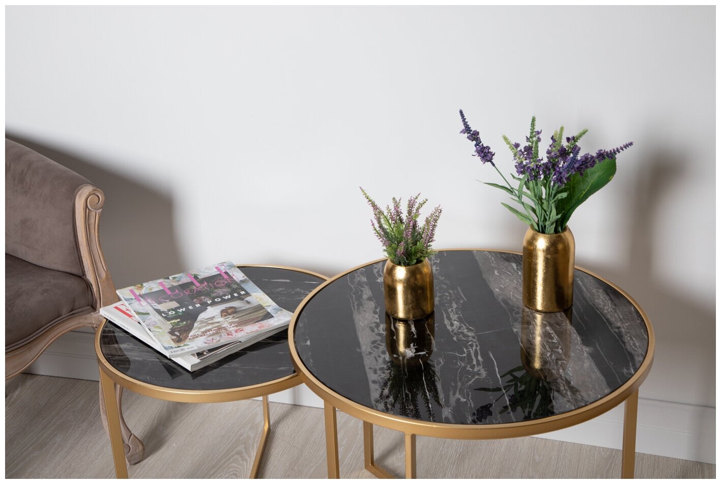 Обзор: 54-011/010 Столики журнальные с черным мрамором, набор 2 предмета 50х50х41, 60х60х46см, Glasar