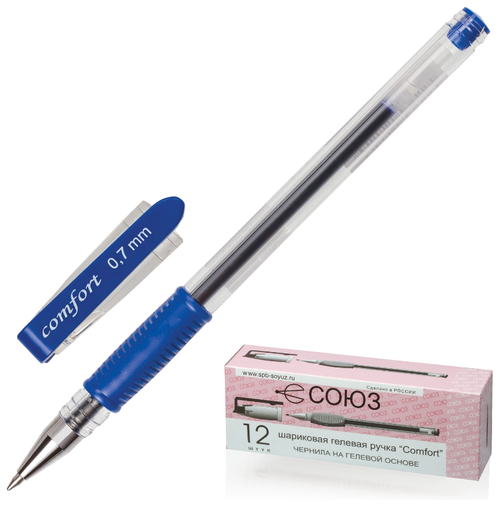 Ручка гелевая с грипом СОЮЗ «Comfort», синяя, корпус прозрачный, узел 0,7 мм, линия письма 0,4 мм