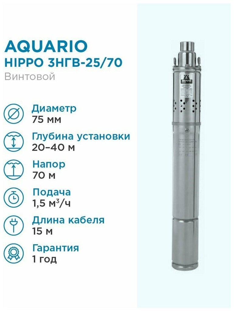 Aquario Насос глубинный Aquario HIPPO 3НГВ-25/70 кабель 15м, Q - 25 л/мин Н - 70 м