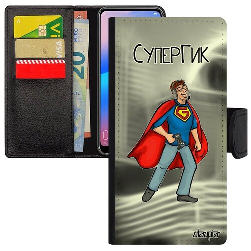 фото Противоударный чехол книжка на смартфон // xiaomi redmi 6a // "супергик" игрок рисунок, utaupia, серый