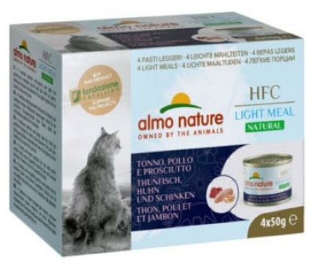 Almo Nature Набор 4 шт. по 50 г. Низкокалорийные консервы для кошек "Тунец с Курицей и Ветчиной" (Natural Light Meal - Tuna with Chicken and Ham) 0.2 кг