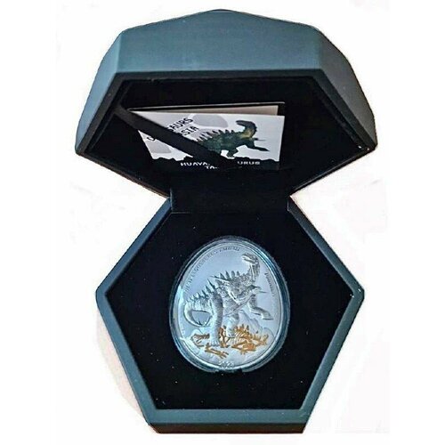 Серебряная монета 999 пробы (31.1 г.) 2 доллара Динозавры в Азии - Хуаянгозавр в капсуле и футляре. Самоа 2023 Proof