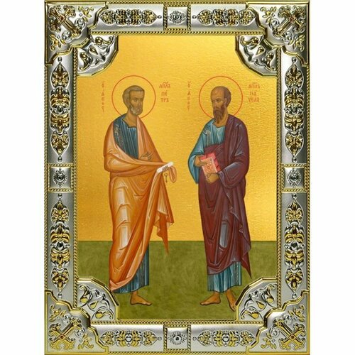 Икона Петр и Павел апостолы серебро 18 х 24 со стразами, арт вк-3477