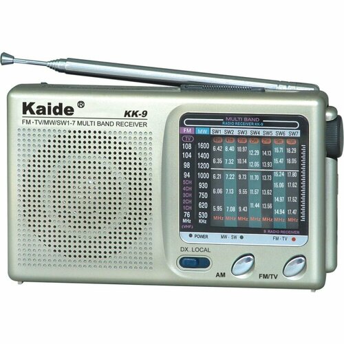 Портативный Аналоговый Радиоприёмник Kaide KK-9 Диапазоны FM MW SW TV Питание от Батареек 2AA Золотистый 179000₽
