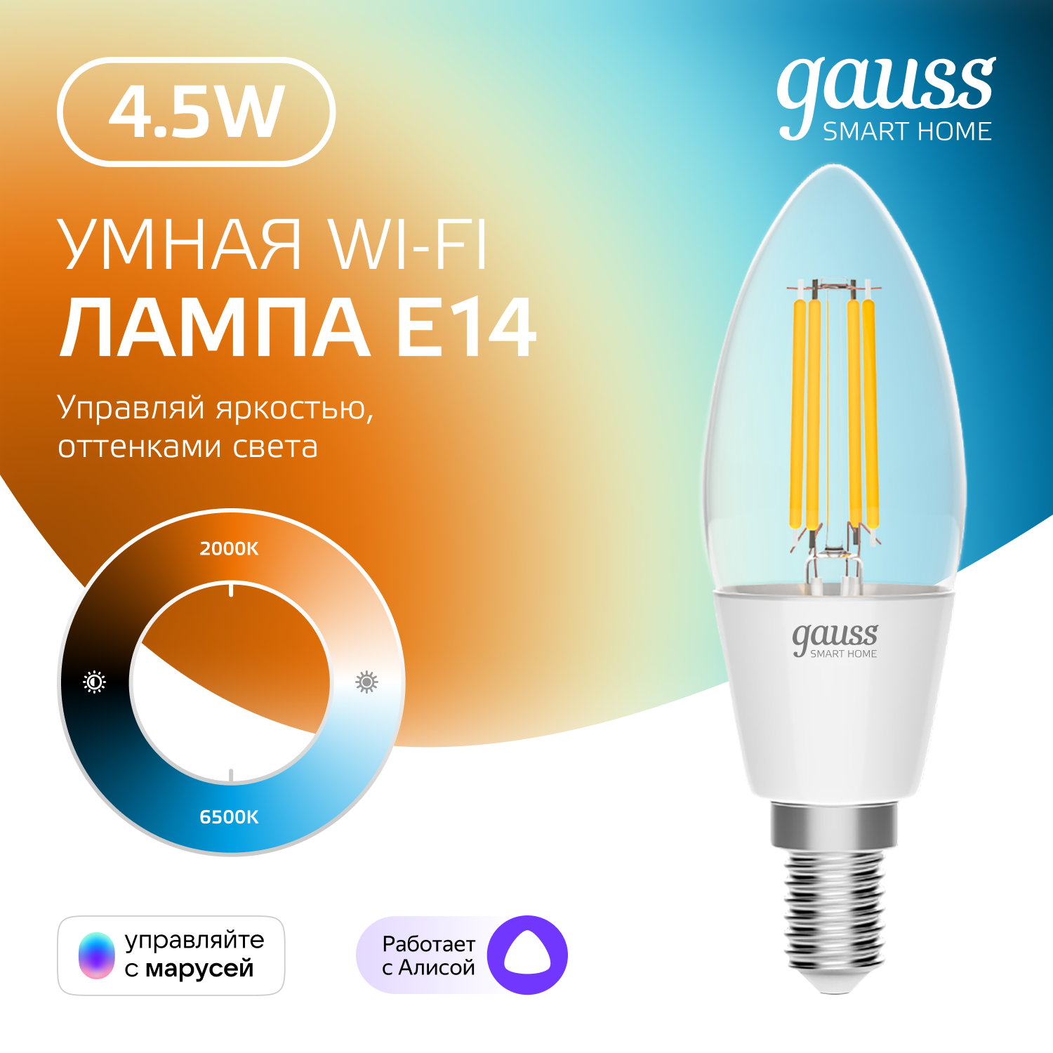 Умная лампа Gauss Smart Home C35 E14 4.5Вт 495lm Wi-Fi (1250112)