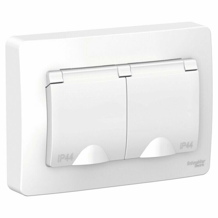 фото Розетка 2-я 2Р+Е шторки IP44, 16А, Белый BLANCA