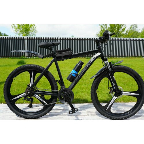 Велосипед RICHIESTO 26 на литых дисках ТРИ луча Горный Спортивный Унисекс черный матовый 26900₽