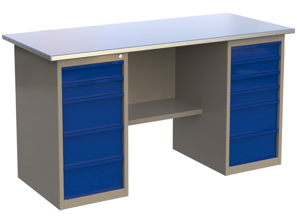 фото Стол верстак слесарный металлический с 2 тумбами 5 и 6 ящиков, 1600 мм, MasterLine, Wellmet ML 1600 ML5/ML6