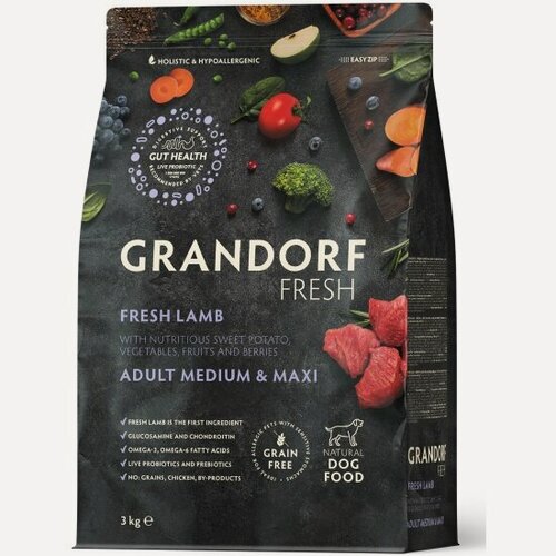 Изображение товара Корм сухой Grandorf Fresh , беззерновой с живыми пробиотиками, свежее мясо ягненка с бататом для собак средних и крупных пород, 3 кг