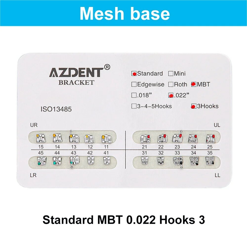 AZDENT Ортодонтические брекеты металлические 20 шт, STD MBT 022 Hooks 3